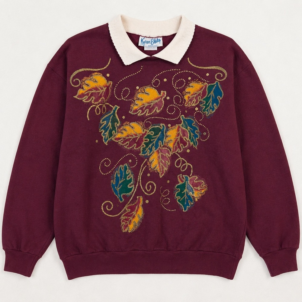 Vtg Burgundy‎ Crewneck Granny Cottagecore Autumn Leaf Karen Blake Glitter collar